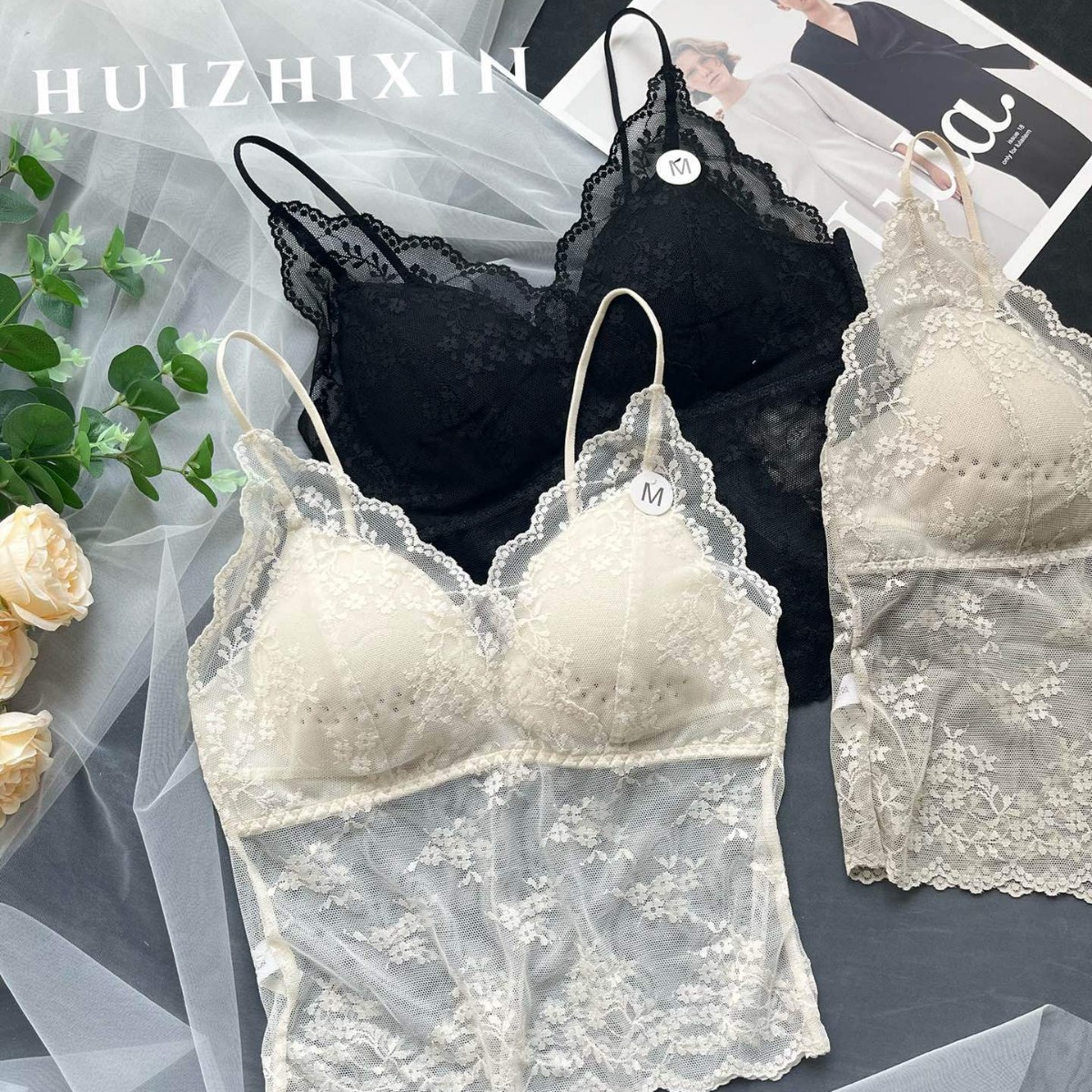 Huizhixin 6250 레이스 반투명 라텍스 고정 올 매치 편안한 여성 백 조끼