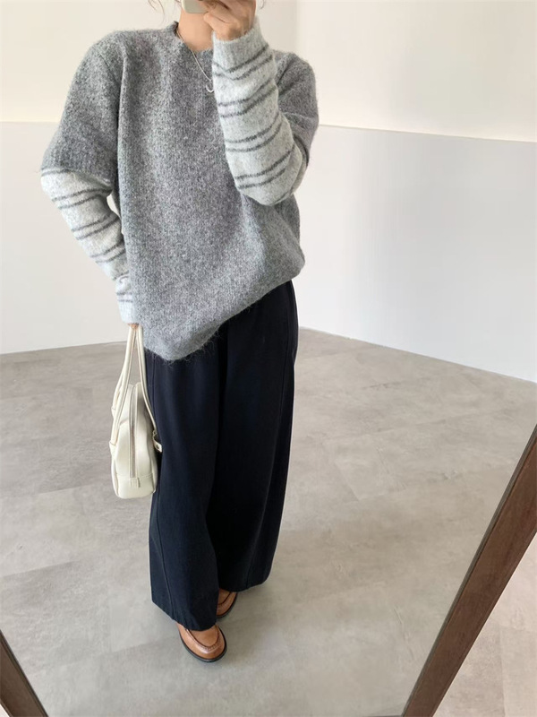 秋冬毛衣女2025新款日韩休闲设计感拼接假两件条纹袖子针织上衣潮|undefined