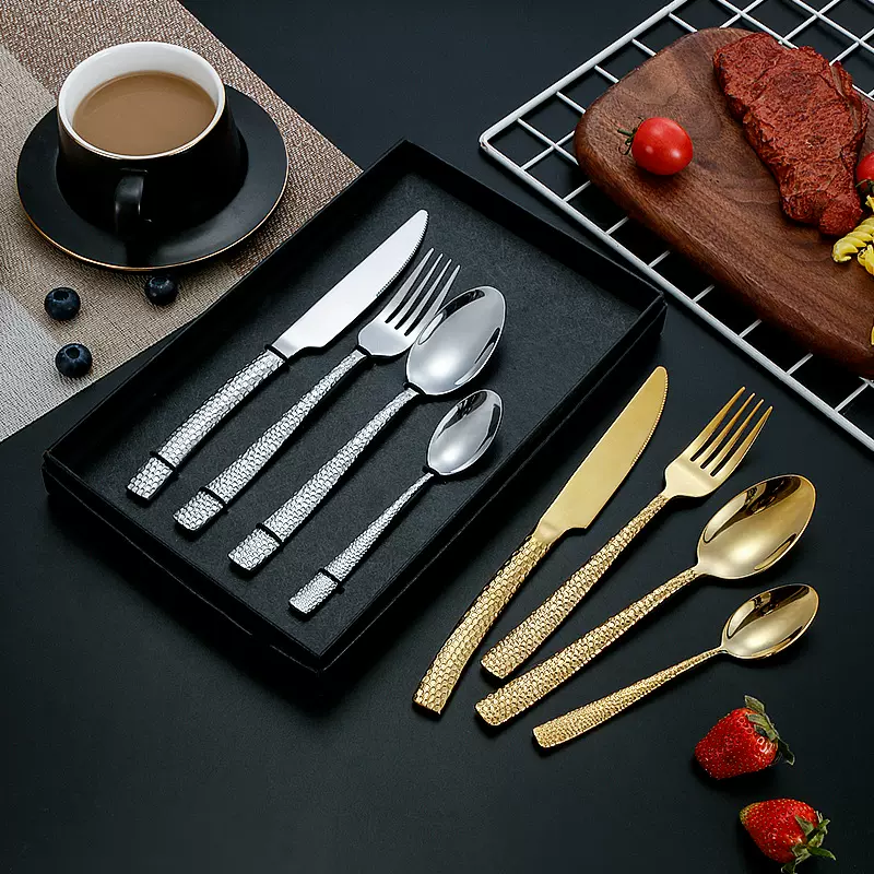跨境430水立方不锈钢餐具刀叉勺锤纹创意餐厅西餐刀叉甜品勺礼盒