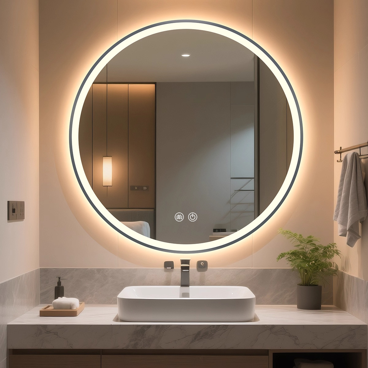 Espejo de baño inteligente Espejo circular Espejo de pantalla táctil Espejo luminoso Espejo de maquillaje montado en la pared Espejo de maquillaje anti-fog