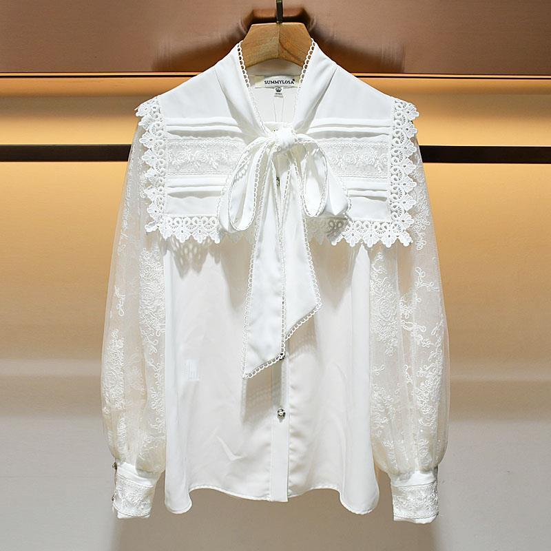 Spring lace navy shirt with bow