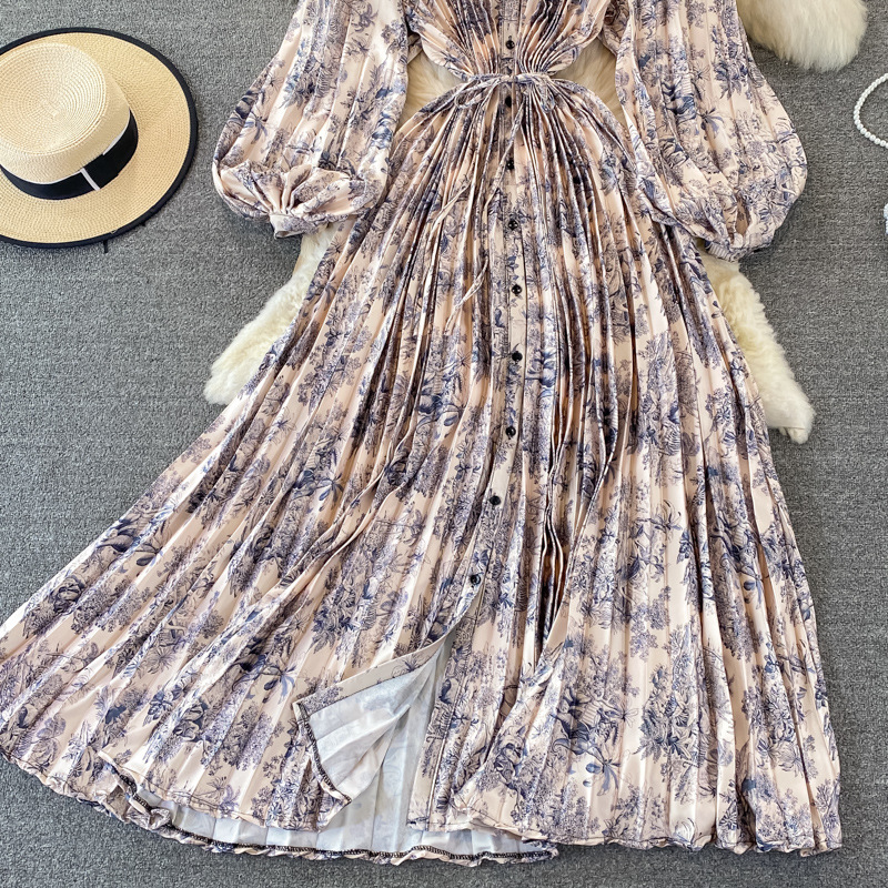 Vêtements pour femmes Automne col rond ample mince à manches longues imprimé satin simple boutonnage robe plissée élégante légère luxe longue jupe_voghion.com