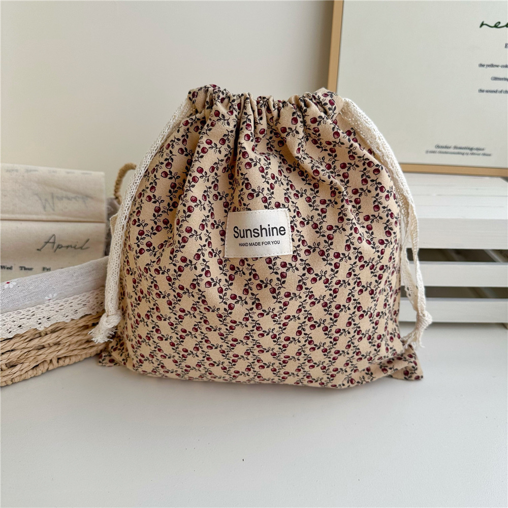 Ins estilo mori algodón cepillado color tierra floral bolsa de cordón clasificación en el hogar bolsa de almacenamiento bolsa de viaje grande