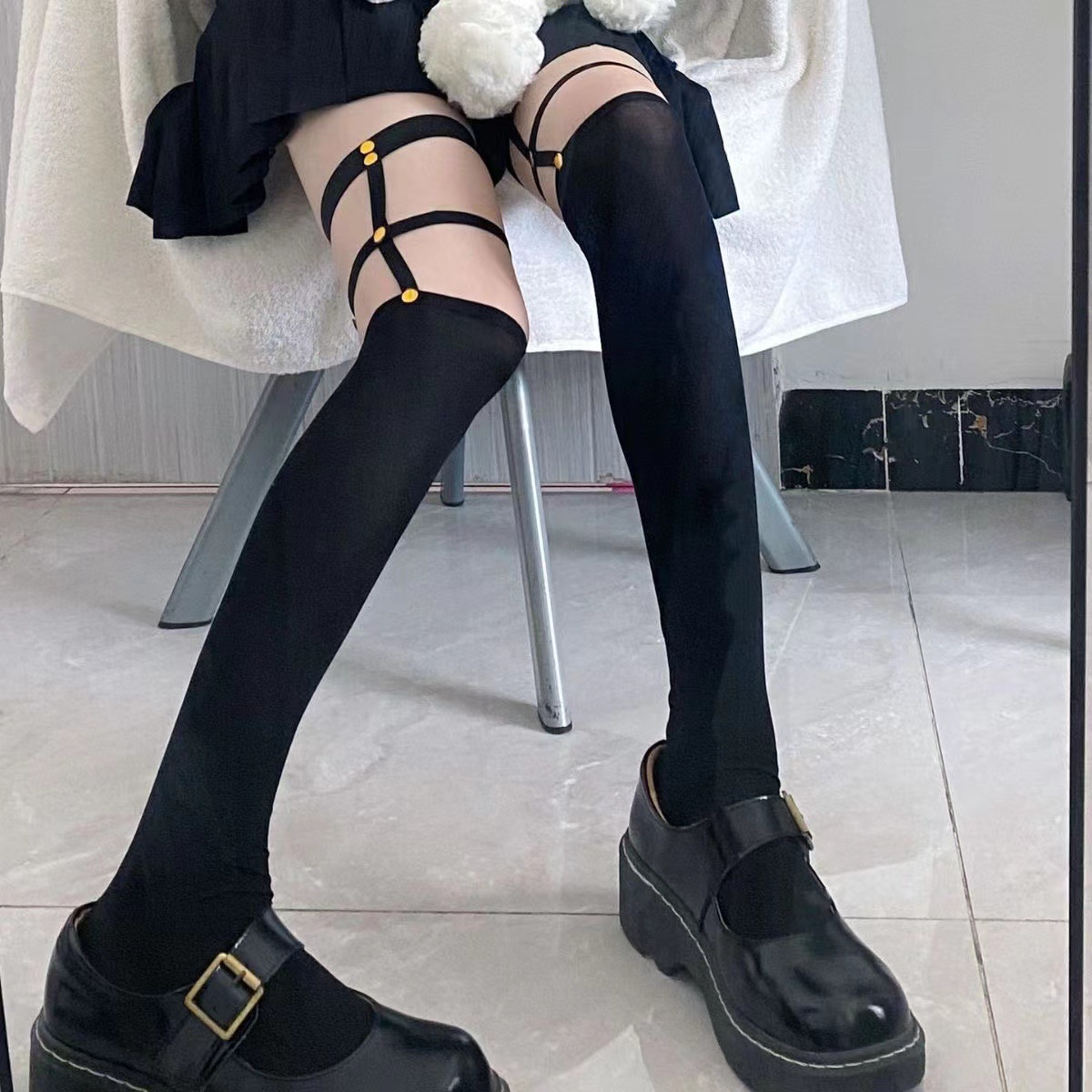 Rivet Over-the-Knee Socks Women's Hollow-out Fishnet Socks Thigh Long Barrel Sling Silk Stockings Dark Punk Sexy Black Silk Sling Stockings