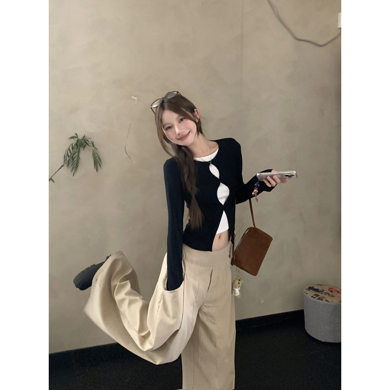 韩系辣妹设计感镂空假两件修身显瘦波点长袖T恤女上衣|undefined
