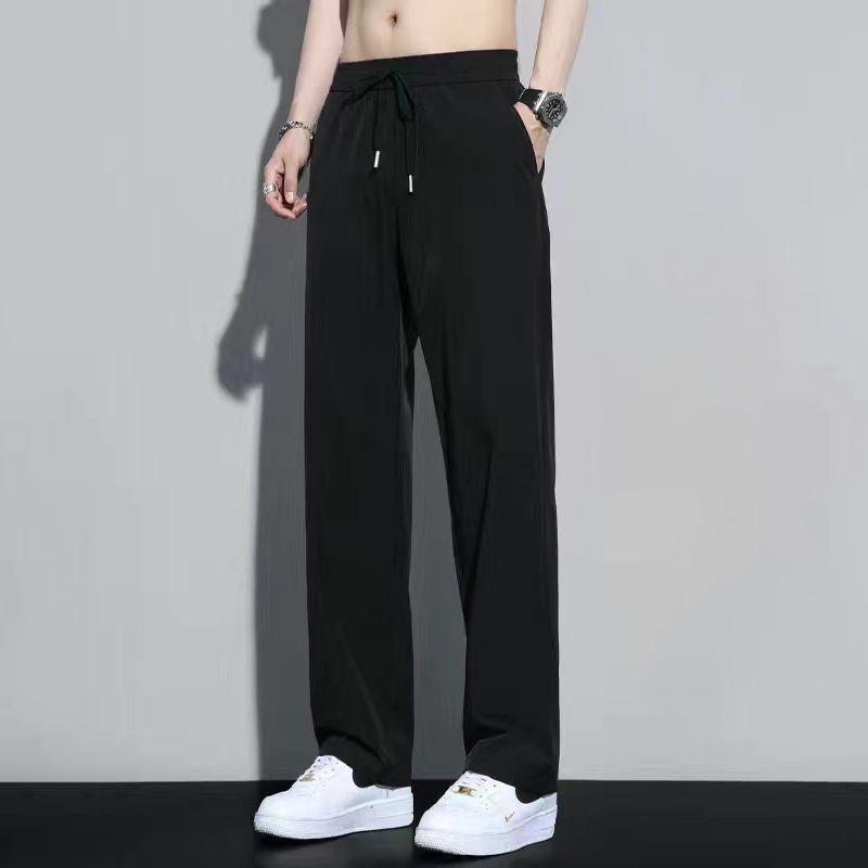 Summer Thin Ice Silk Work Pants for Men, Straight-Leg Loose Nine-Point Pants, Solid Color Wide-Leg Pants for Students Men's Pants