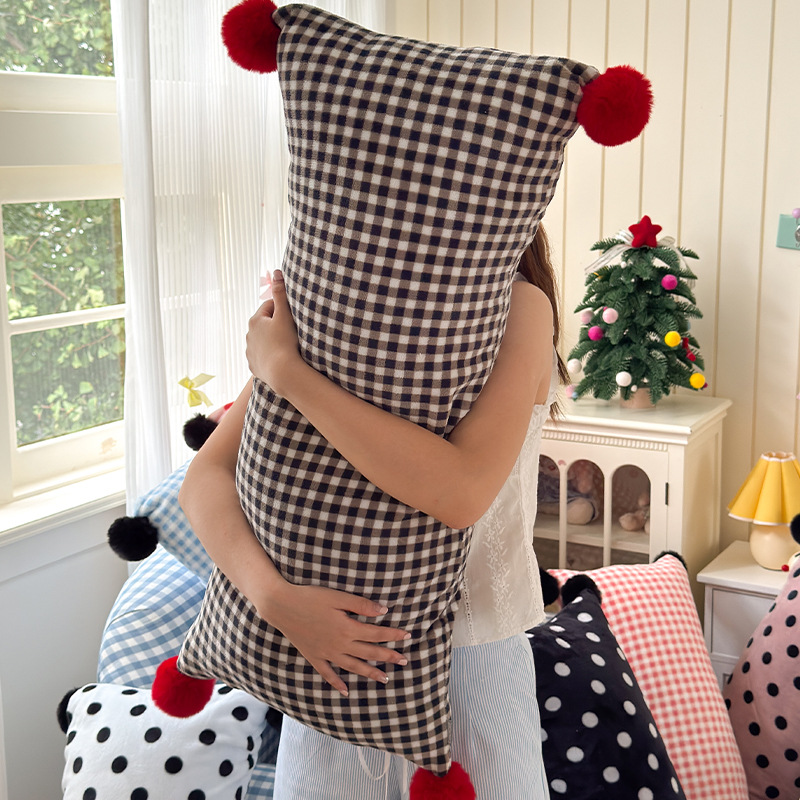Ins Simple Black and White Plaid Milk Plush Ball Long Pillow Living Room Sofa Nap Pillow Pregnant Women Waist Pillow Cushion