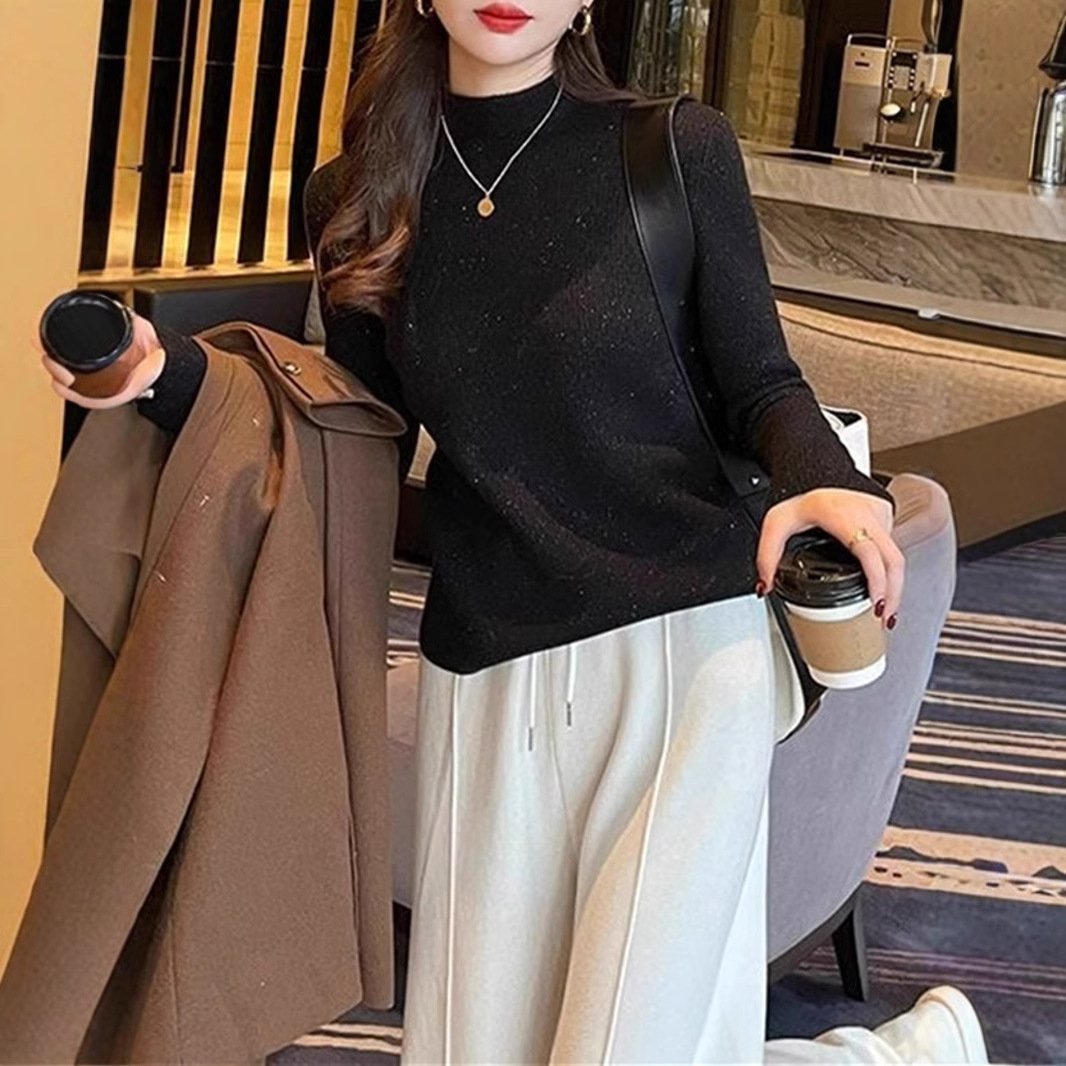 가을과 겨울 반 높이 칼라베이스 셔츠 여성용 스웨터 기모 한국식 슬림핏 인테리어 서양식 스웨터 여성용 따뜻한 탑