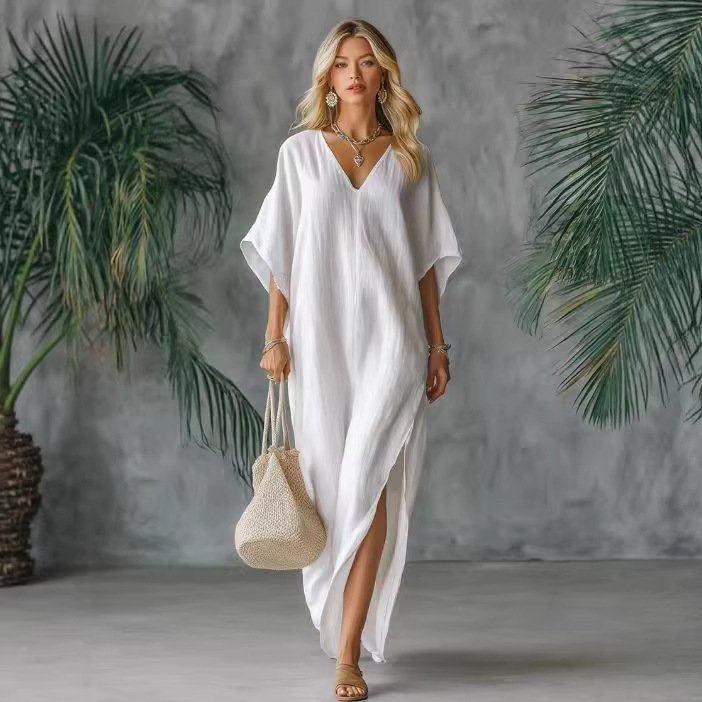 European and American Cross-Border Bohemian Style Relaxed V-Neck Batwing Sleeve Dress with Side Slit Loose Beach Dress