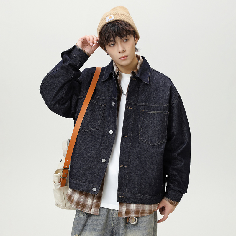 Men's Autumn American Retro High-End Turn-Down Collar Loose Jacket with Double Pockets and Raw Denim Fabric