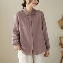 2025春夏新款设计感小众棉麻衬衫女拼接蕾丝纯色宽松长袖开衫衬衣