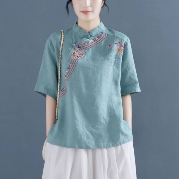 Cotton Short-Sleeved Shirt for Women 2026 Summer New Style Loose Design Chinese Style Retro Buttoned Embroidered Top