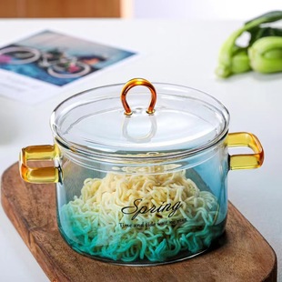 High Borosilicate Heat Resistant Glass Pot Creative Household Gradient Blue Sea of Clouds Salad Bowl with Lid Open Fire Glass Pot Noodle Bowl