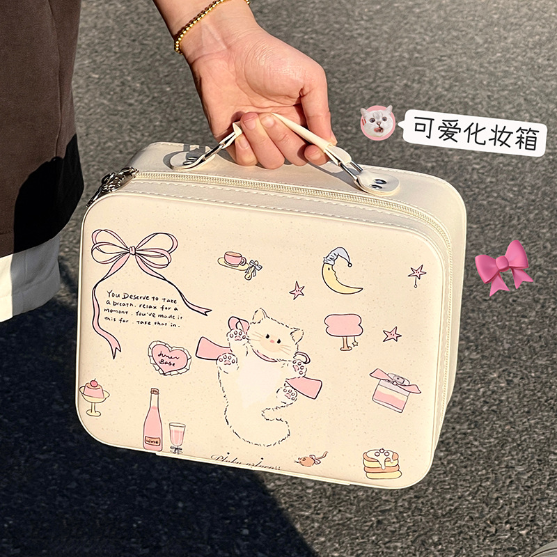 Estuche cosmético portátil lindo original con espejo, bolsa cosmética de almacenamiento portátil para el cuidado de la piel de viaje de alta calidad de gran capacidad