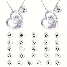 环保材质儿童吊坠可调节银色小马26个字母彩色镶钻爱心独角兽项链