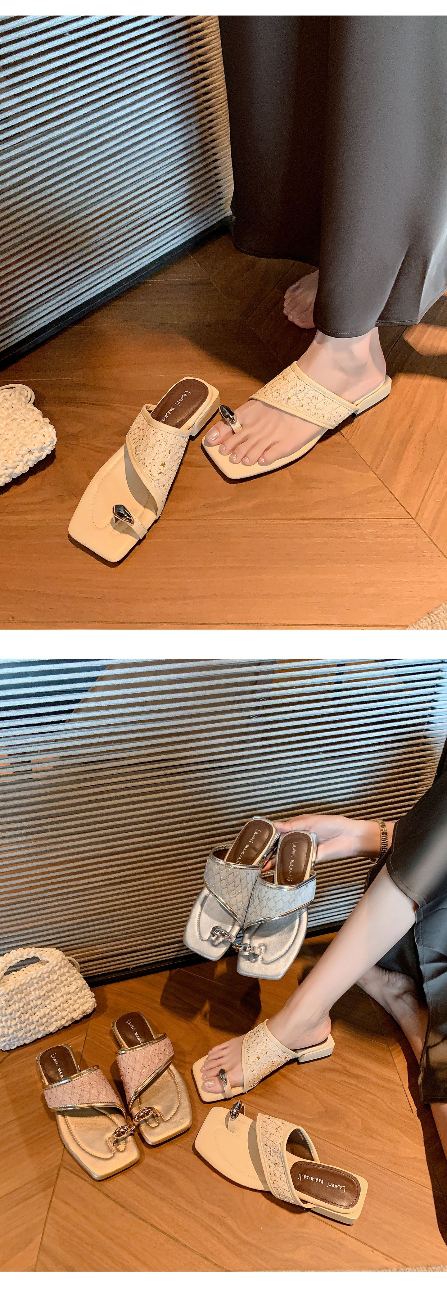 Dép sandal xỏ ngón nữ đế bệt phong cách Pháp mũi vuông, chất liệu giả da cá sấu, quai đan dệt — màu thiên thanh, màu hồng, màu trắng ngà chi tiết 9