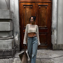 跨境外贸毛织镂空透视感长袖毛衣女慵懒风性感短款露脐毛织上衣女