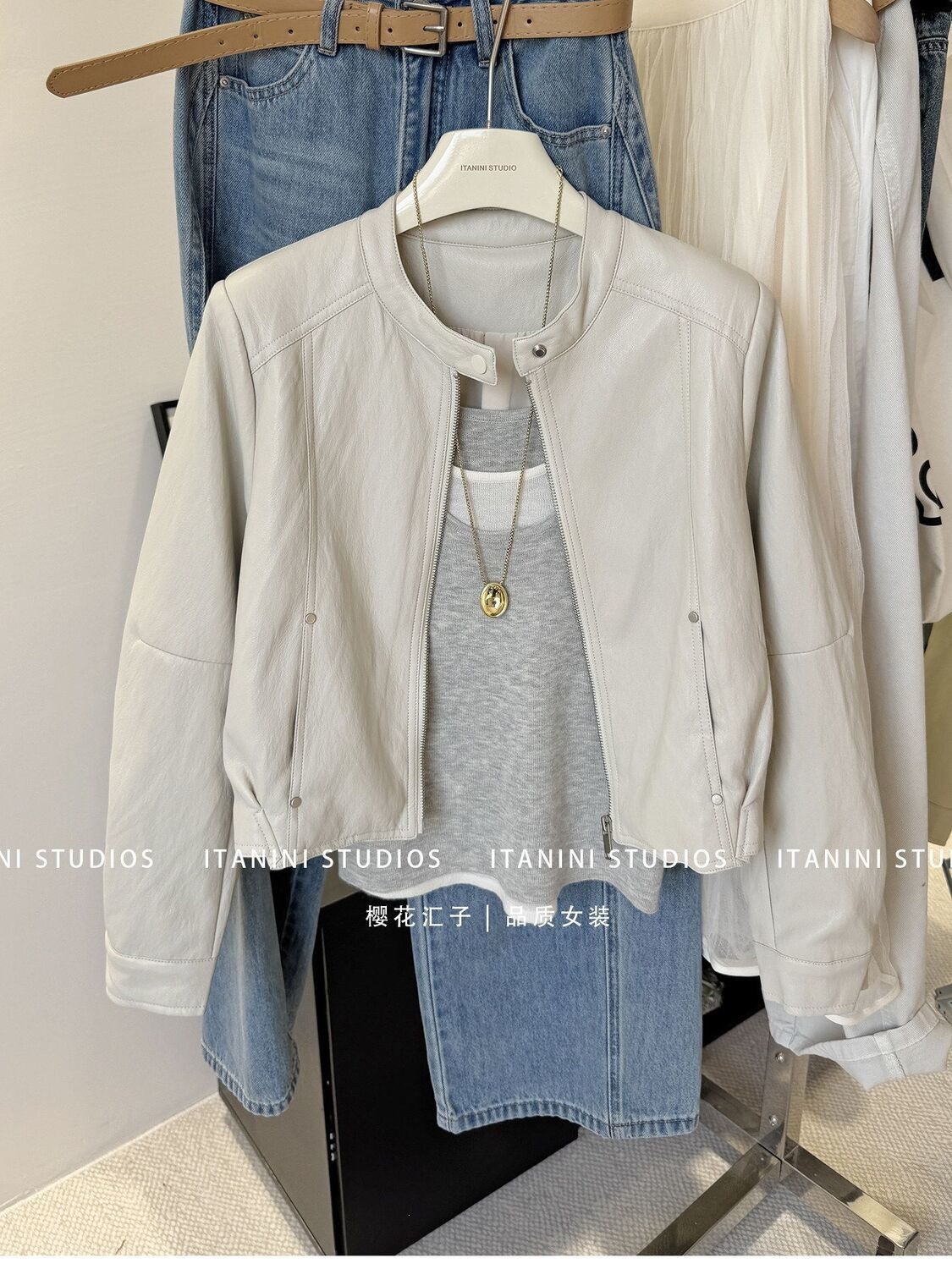 Stand-up collar biker style short leather jacket for women, zip-up leather coat, petite white outerwear, new spring top, new product