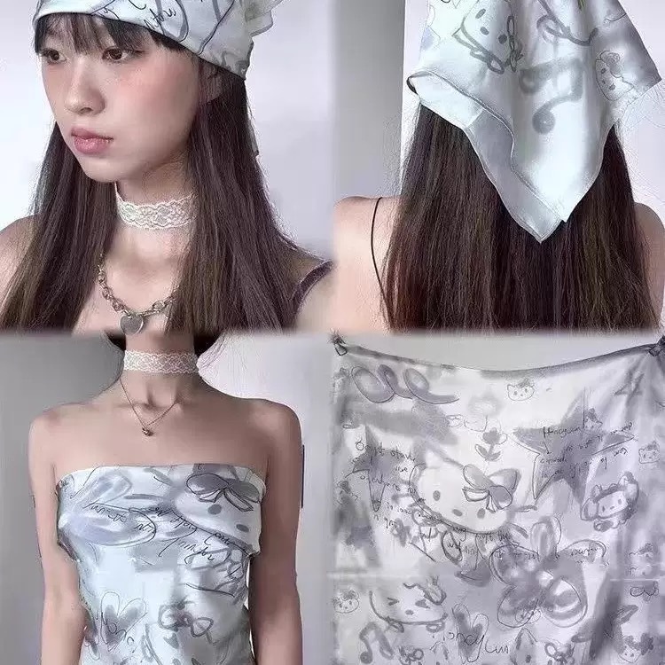 手绘涂鸦HelloKitty头巾辣妹y2k裹胸夏季街头嘻哈方巾多功能丝巾|undefined