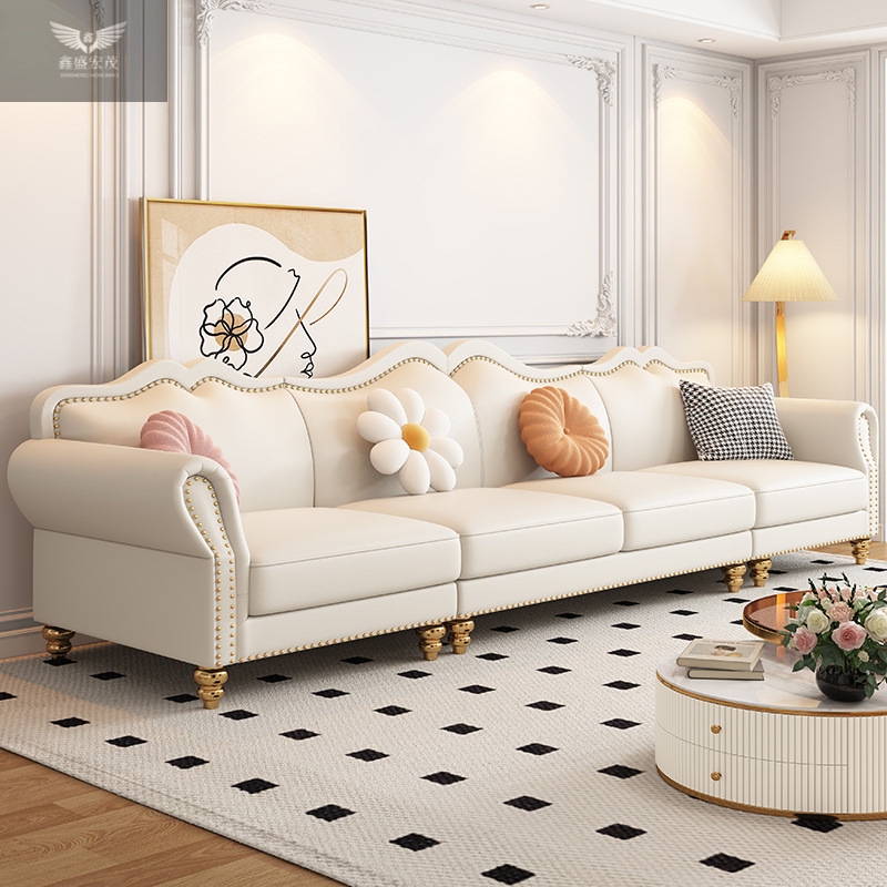 Sofá de cuero francés estilo crema villa de alta gama simple americana sala horizontal sofá de fila recta cabeza de cuero