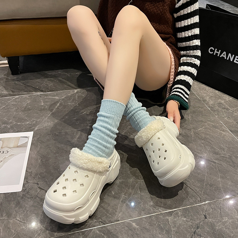 7.0踩屎感eva洞洞棉拖鞋女冬季家居室内厚底增高加绒毛毛防水外穿|undefined