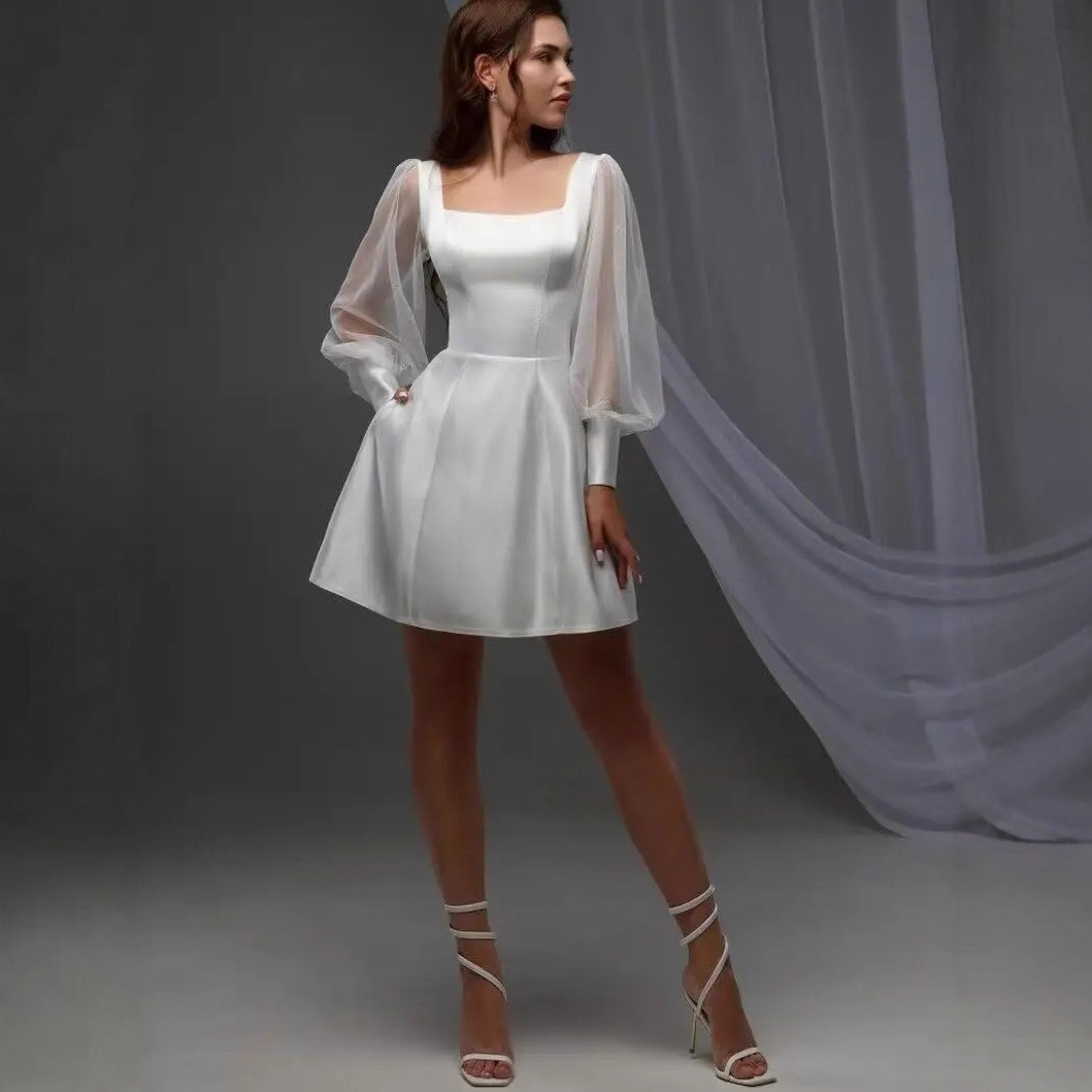 Aliexpress European and American Women's Dress Elegant Square Collar Long-Sleeved Short Light Wedding Photo Dress Birthday Party Dress