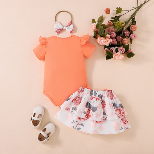 2025 Summer Baby Girl Button Folded Edge Short Sleeve Pajama Top with Flowers and Bow Ties, Semi-Cake Dress Set