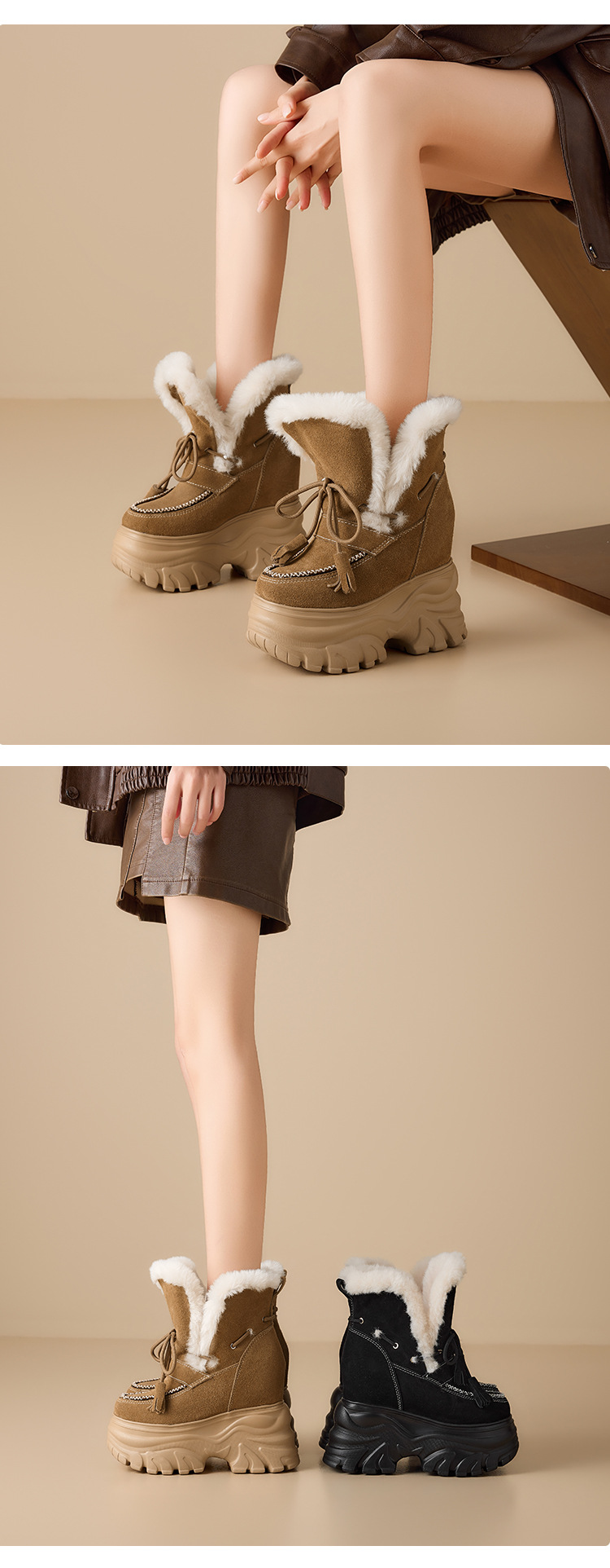 Boot nữ cổ cao ôm bắp chân đế dày 14 cm, chất nhung đen ấm áp — nhung đen chi tiết 5