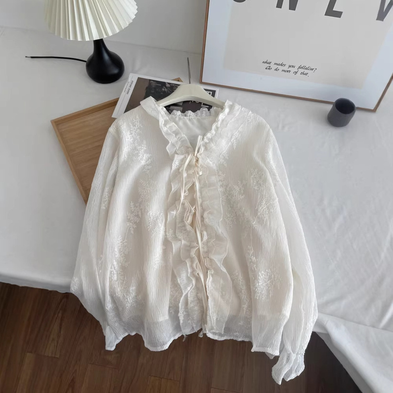 French-Style Gentle V-Neck Lace-Up Shirt for Women, New Long-Sleeve Design with Ruffles, Niche Plus Size 6787