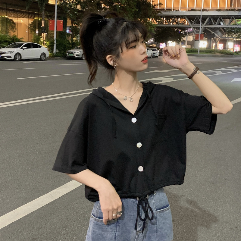 夏季小衫连帽外套短袖T恤女装2025学生新款显瘦短袖上衣打底衫女