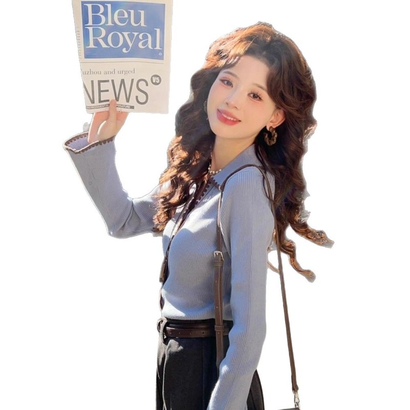 翻领蓝色毛衣女独特漂亮超好看2025新款秋季穿搭内搭打底针织上衣|undefined