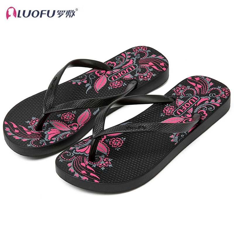 Rofu flip flops de las mujeres elegante nuevo verano al aire libre flip-flops antideslizante moda Zapatos de tacón de playa plano Negro