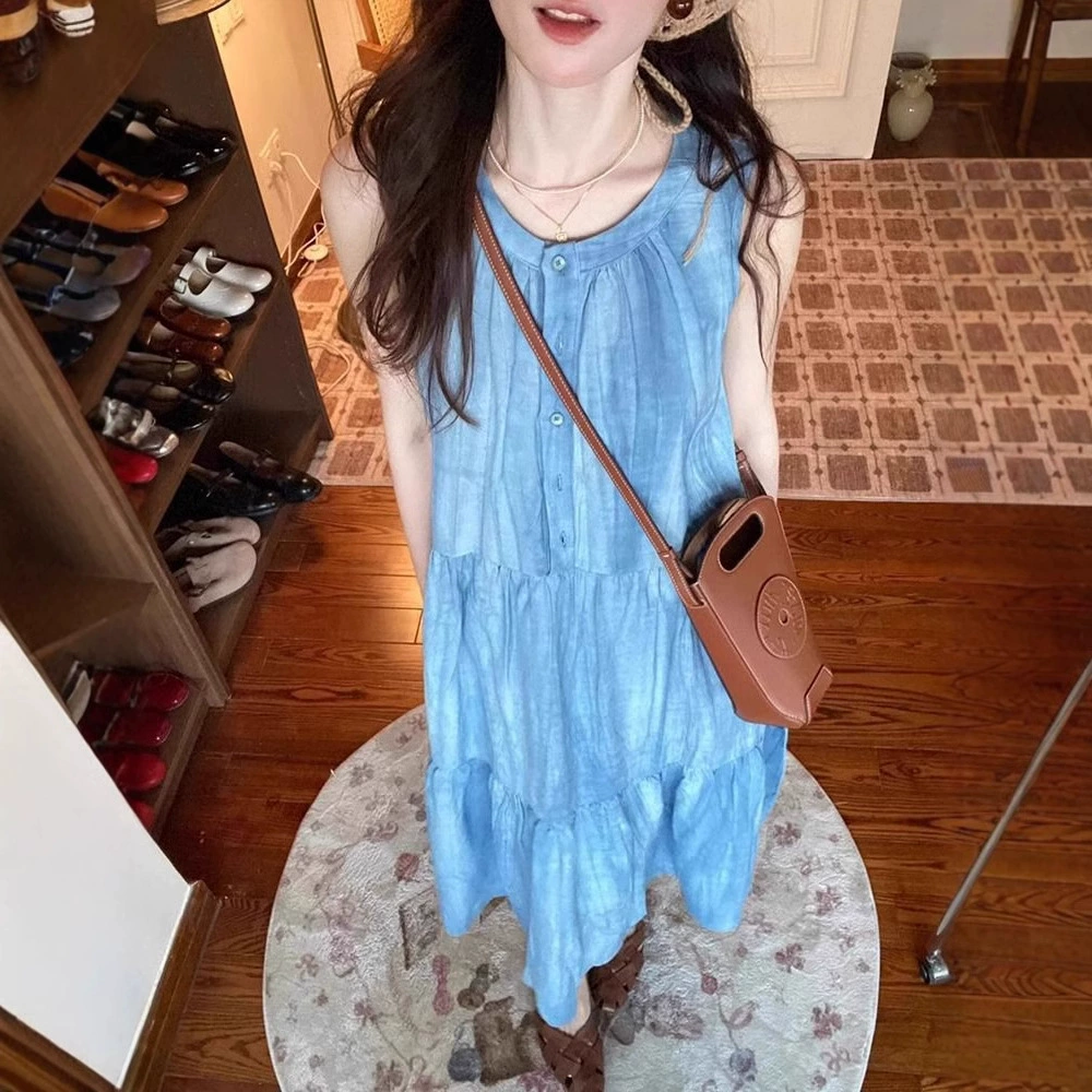 Нишевый дизайн синий безрукавный жилет платье для детей лето 2025 новый французский стиль праздничный стиль длинное платье