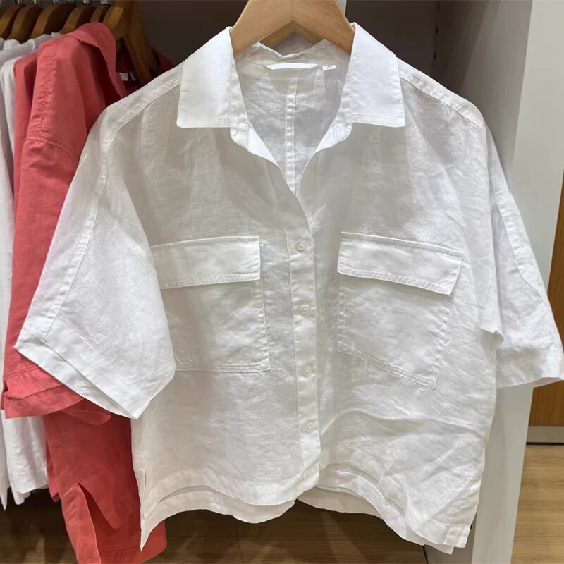 2026 Spring and Summer New Women's French Linen Half-Open Collar Boxy Shirt/Short-Sleeve Shirt Workwear Top 484256 2026 Spring and Summer New Women's French Linen Half-Open Collar Boxy Shirt/Short-Sleeve Shirt Workwear Top 484256