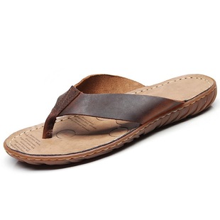 Soochow Outdoor Shoe Factory Stitch Genuine Leather Flip-Flops Men's Slippers Beach Shoes Non-Slip Shock Absorbing Soft Bottom Simple