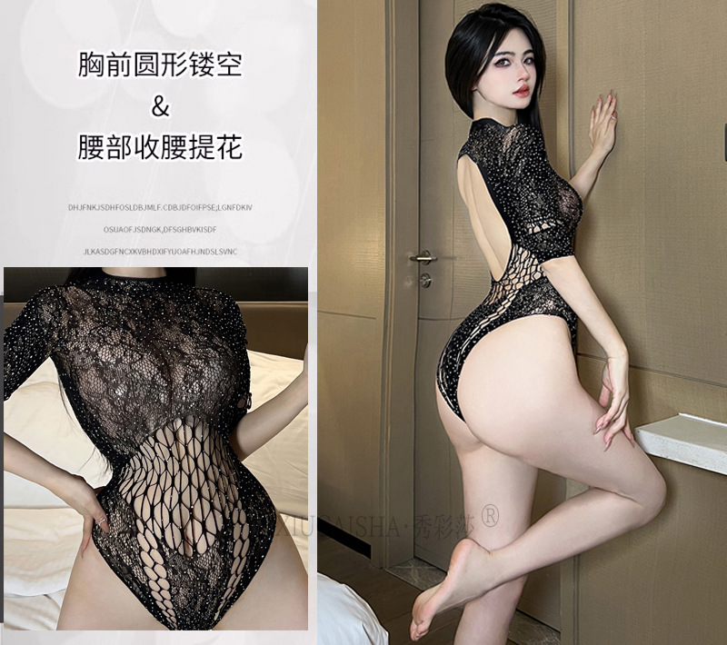 Plus Size Fishnet Bodystocking, Black Lace Full-body Jumpsuit, Sheer One-piece Lingerie — detail image 12