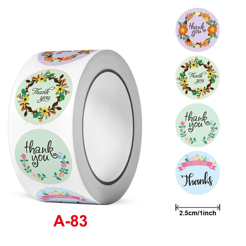 圆形卷装外贸不干胶标签花卉装饰感谢你贴纸节日婚礼包装封口贴