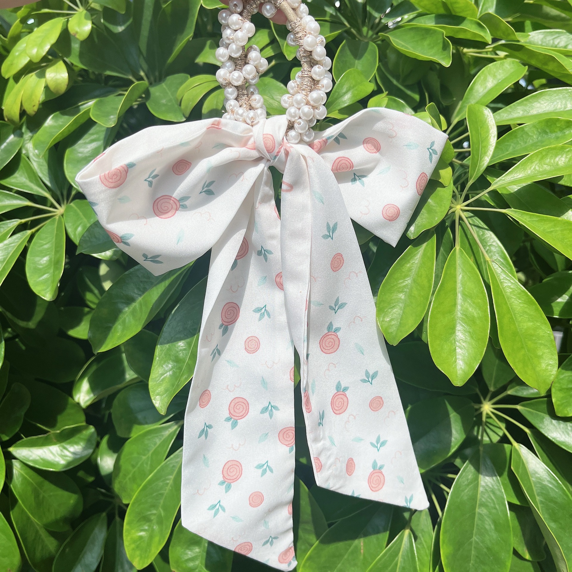 Banda de pelo de bufanda de seda para mujer corbata de pelo fino de verano de perlas cinta de arco Hada cuerda de pelo de todo fósforo estilo coreano accesorios para el cabello al por mayor