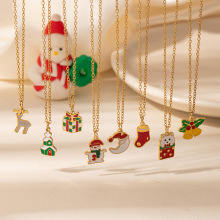 欧美圣诞系列滴油吊坠波点小鹿项链女格子礼盒锁骨链百搭DIY饰品