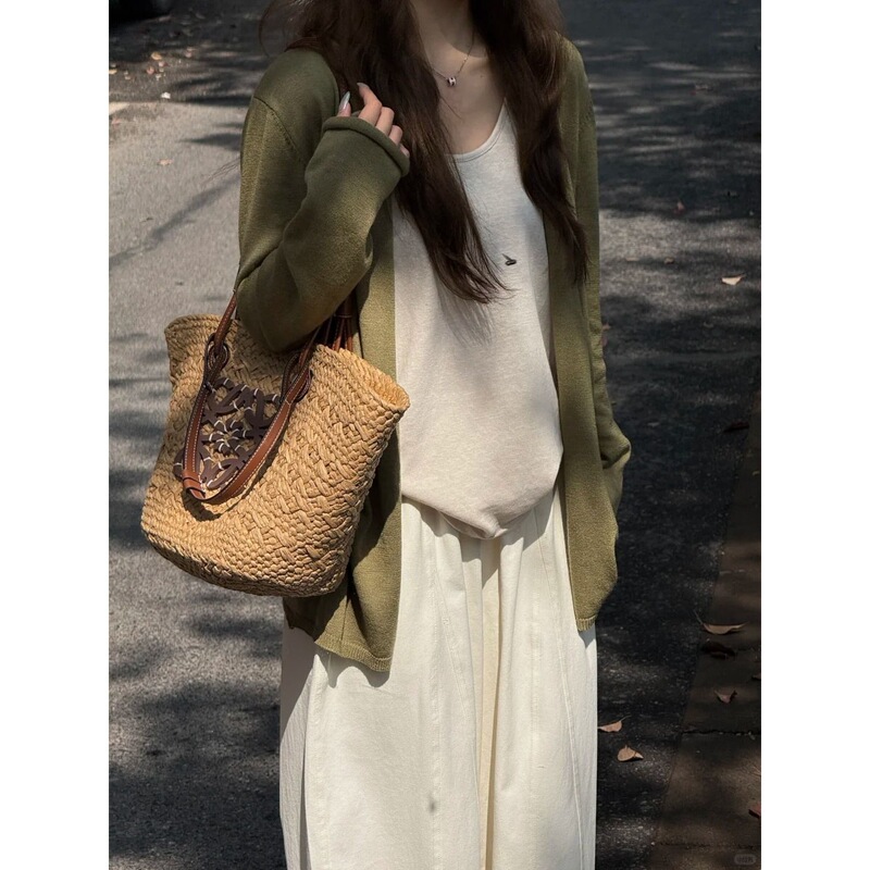 Moss Green Spring and Summer Thin Knit Cardigan 2026 New Versatile Commuter Air Conditioning Jacket