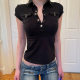 American Style Street Lapel Tooling Short-sleeved T-shirt Women's 2025 Spice Girl All-match Buckle V-neck Zipper Pocket Slim-fit Top