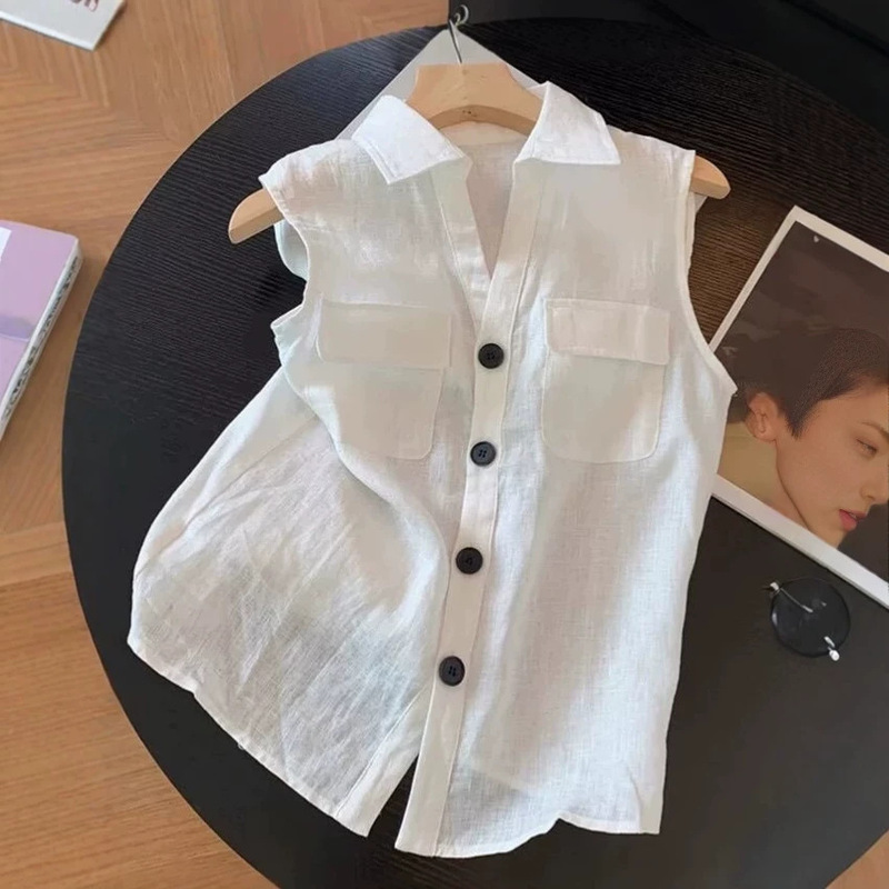 White Petite Stylish Simple Polo Collar Sleeveless Shirt for Women, Summer Thin Loose Single-Breasted Vest Shirt