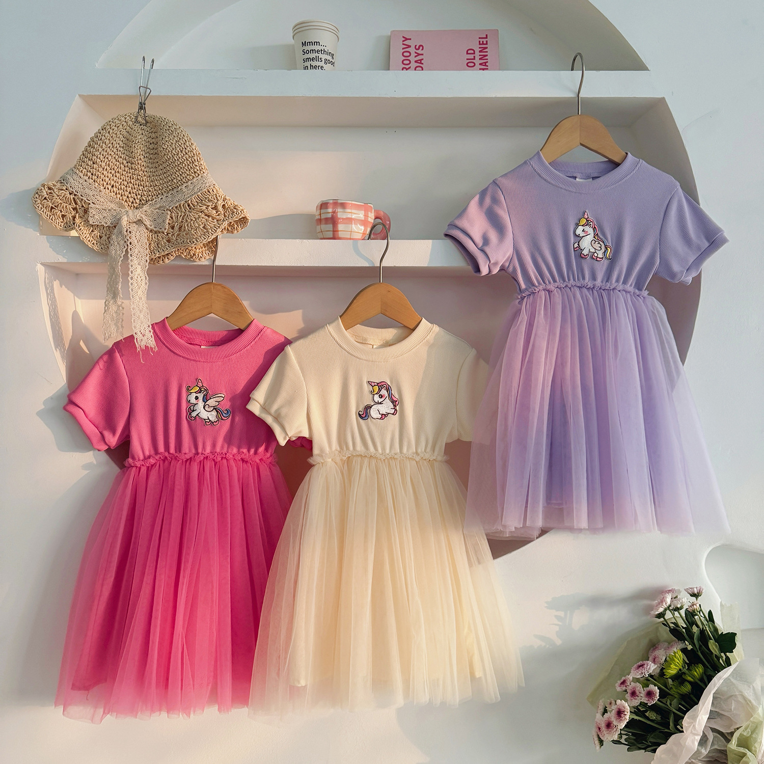 2026 Summer New Style Little Pony Embroidered Girls' Mesh Skirt Round Neck Short-Sleeved Kidsren's Dress Knitted Sweet Princess Dress