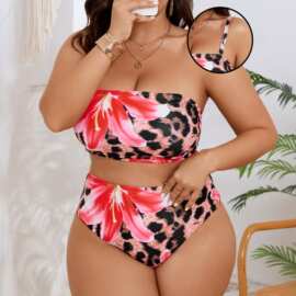 2026欧美跨境新大码女士大花卉印花比基尼可拆卸肩带沙滩时尚泳衣