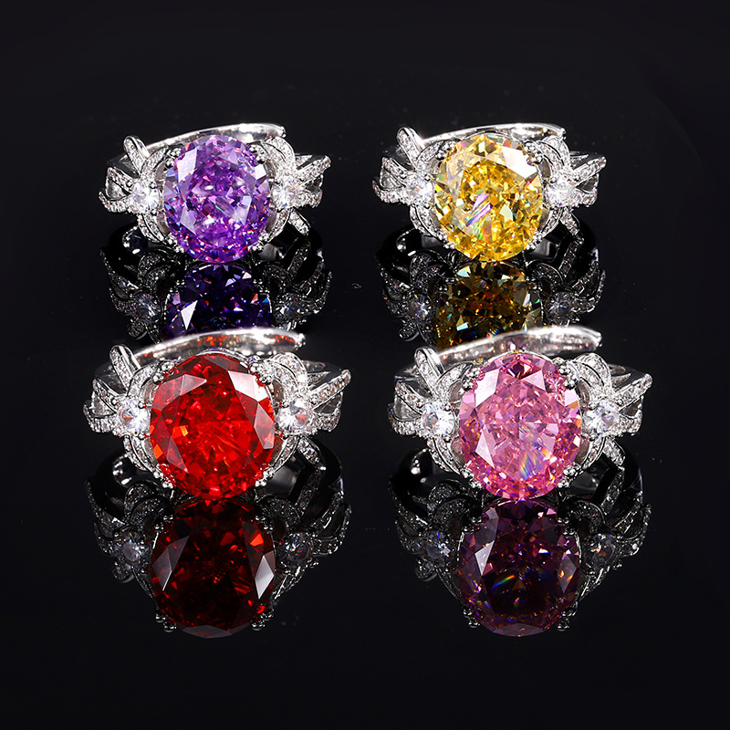 2024 nueva joyería Zhuang Shengsheng, fondo de cobre, diamante de alto carbono chapado en oro, flor de hielo, temperamento, anillo de huevo de paloma de lujo ligero 10*12