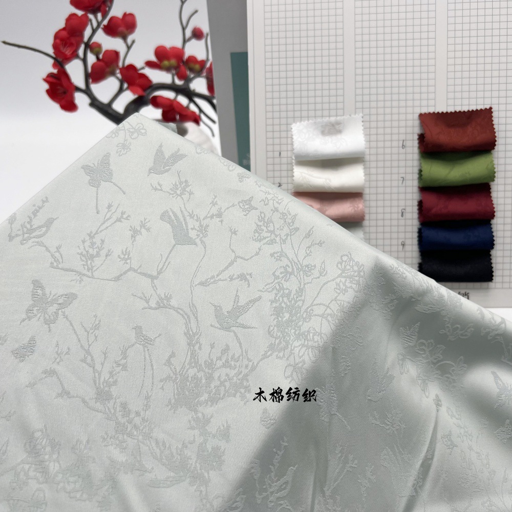 2024新款仿醋酸缎面提花布 燕子蝴蝶暗纹 新中式汉服旗袍面料现货