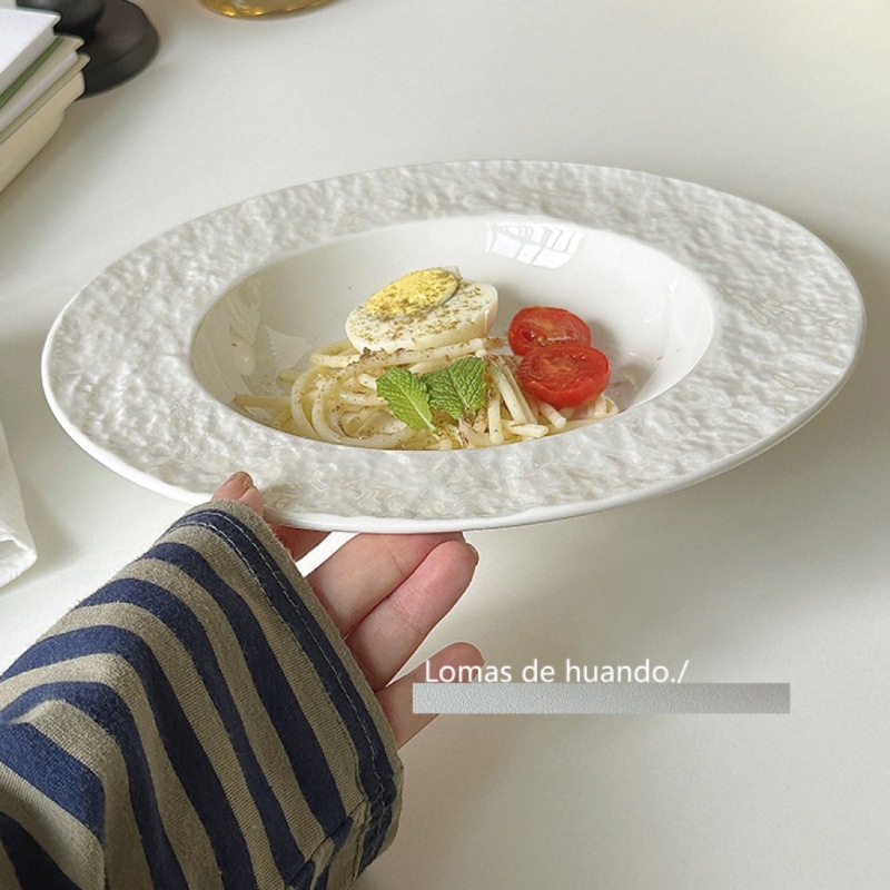 ins風純白高級感意面盤子西餐餐盤帽盤石紋輕奢意面碗陶瓷湯盤