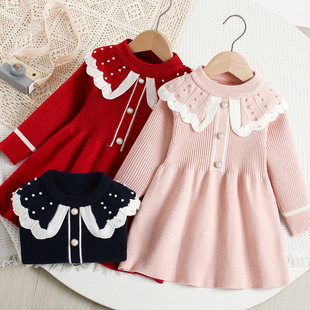 Girls Dress Spring and Autumn New 2025 Princess Dress Fashionable Baby Children's Knitted Beaded Red Sweater Dress Trendy