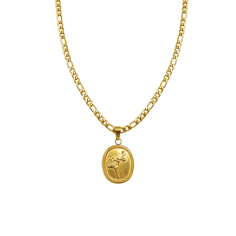 Niche Gold Coin Geometric Oval Pattern Withered Rose Necklace Set_voghion.com