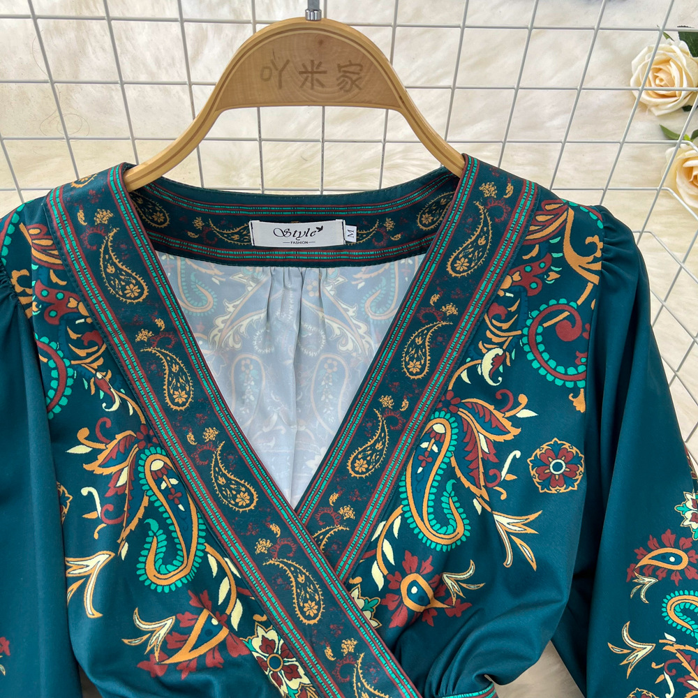 Retro Court Style Lantern Dress Long Sleeved V Neck Belted a Line Printed Elegant Full Skirt for Women_ecoleips.com